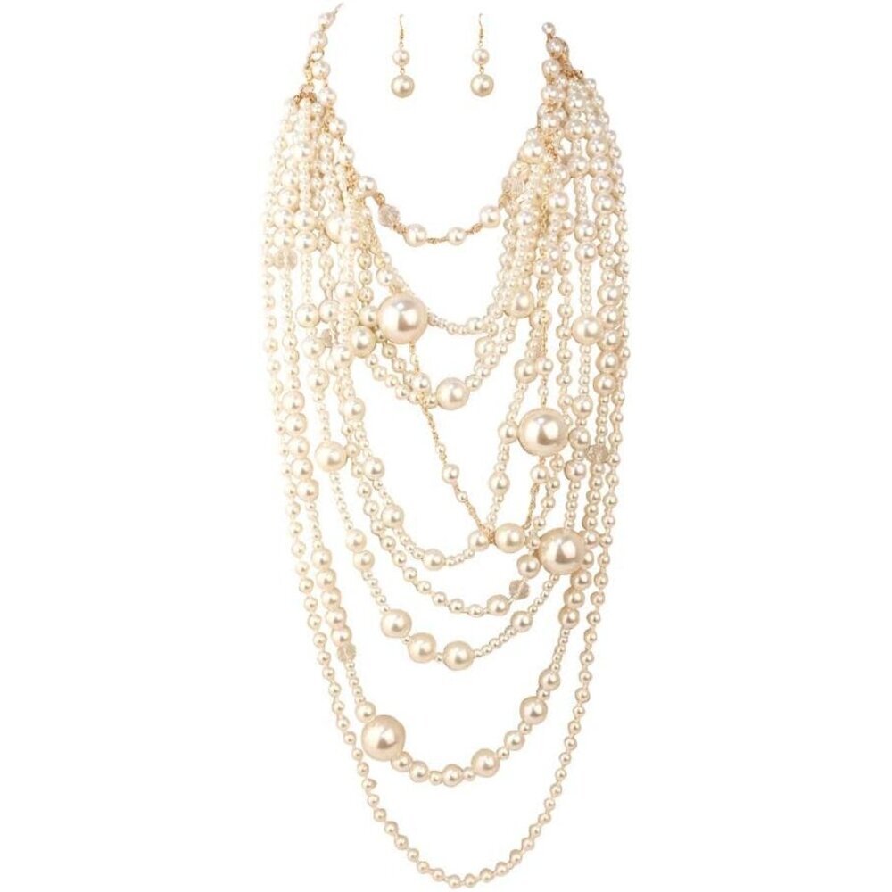 Multilayer Strand Chain Faux Pearls Flapper Beads Cluster Long Choker Necklace